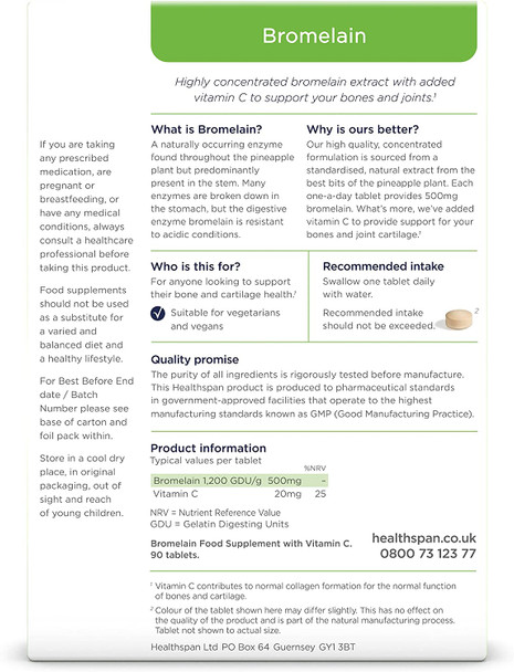 Healthspan Bromelain with Added Vitamin C | 90 Tablets | 500mg Bromelain Extract | Digestive Enzyme | Pineapple Plant | Vegan