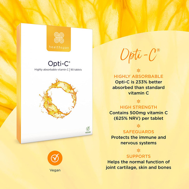 Healthspan Opti Vitamin C 500mg | 90 Tablets | 233% Better Absorbed Than Standard Vitamin C | Safeguards Immune Health & Nervous System | Support Energy Levels & Healthy Cartilage | Vegan