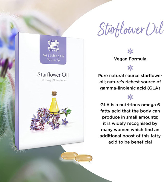 Healthspan Starflower Oil 1,000mg (90 Capsules) | Richest Source of Gamma-Linolenic Acid (GLA) | Women's Health | 207mg GLA & 131mg Omega 9 Fatty Acids Per Capsule | Vegan