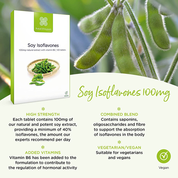 Healthspan Soy Isoflavones 100mg | 120 Tablets | with Vitamin B6 | Regulate Hormonal Activity | Natural Plant Oestrogen | 40% Isoflavone Content | Soy Germ Extract | Vegan