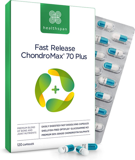 Healthspan Glucosamine & Chondroitin 70 Plus | 120 Capsules | Joint Health | 375mg Optiflex Glucosamine HCI & 300mg Chondroitin Sulphate 90% | with Vitamins C, D3 and Calcium