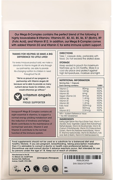 Innopure Mega B Complex - All 8 Essential B Vitamins With Added Vitamin D And Vitamin C - One-A-Day Easy To Swallow Capsule - Vegan Society Certified - Uk Made By Innopure