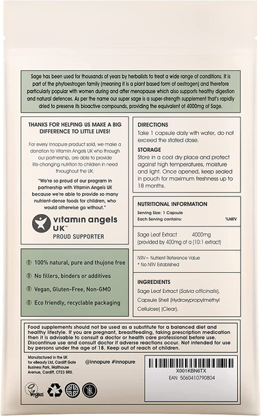 INNOPURE Super Sage Leaf 4000mg - No fillers or Binders. For Menopause Symptoms - High Strength - Hot Flushes & Night Sweats - 2 Month Supply - Vegan - UK made