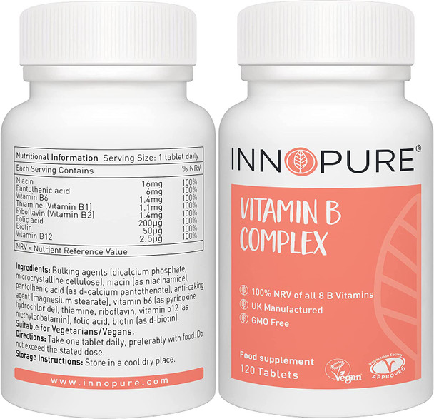 Innopure Vitamin B-Complex - Contains 100% Nrv Of All 8 B Vitamins B1, B2, B3 (Niacin) B5, B6, B12, Biotin & Folic Acid 1 Easy To Swallow Daily Tablet - 120 Tablets, 4 Months Supply - Vegan Society Approved