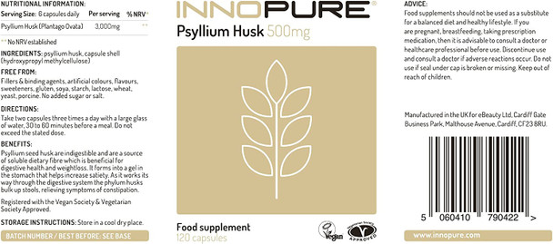 Pure Psyllium Husk Fibre 120 Capsules, 500mg - High Grade, No Fillers or Binders - Vegan, Vegetarian Society Approved