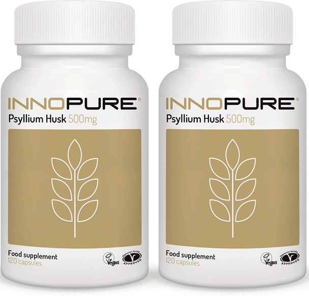 INNOPURE Psyllium Husk Fibre Supplement 240 Capsules - Pure and Natural (No Fillers or Binders) Naturally High in Soluble Fibre, 500mg per Capsule - Vegan, Vegetarian Society Approved. UK Made by INNOPURE