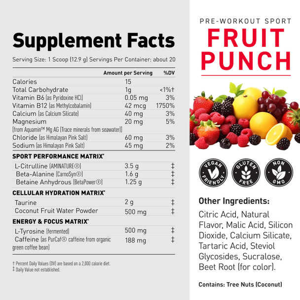 Kaged Sport Pre Workout Powder for Men & Women Fruit Punch 20 Servings