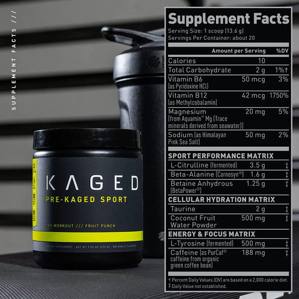 Kaged Muscle Pre Workout Powder Pre-Kaged Sport Pre Workout for Men and Women, Increase Energy, Focus, Hydration, and Endurance, Organic Caffeine, Plant Based Citrulline, Fruit Punch