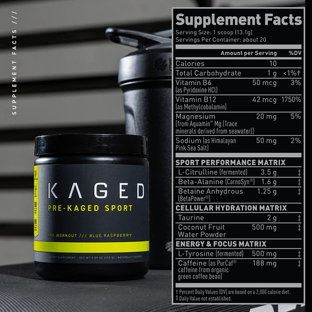 Kaged Muscle Pre Workout Powder Pre-Kaged Sport Pre Workout for Men and Women, Increase Energy, Focus, Hydration, and Endurance, Organic Caffeine, Plant Based Citrulline(Blue Razz)