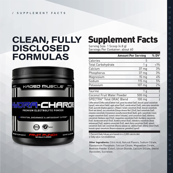 Electrolytes, Kaged Muscle Hydra-Charge Premium Electrolyte Powder, Hydration Electrolyte Powder, Pre Workout, Post Workout, Intra Workout, Fruit Punch, 60 Servings, Clear