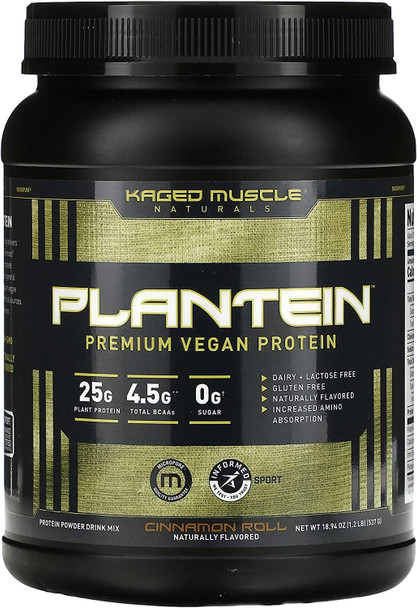 Kaged Muscle Vegan Protein Powder Plantein, Delicious Organic Pea Protein Powder with Enhanced Absorption (15 Servings, Cinnamon Roll)