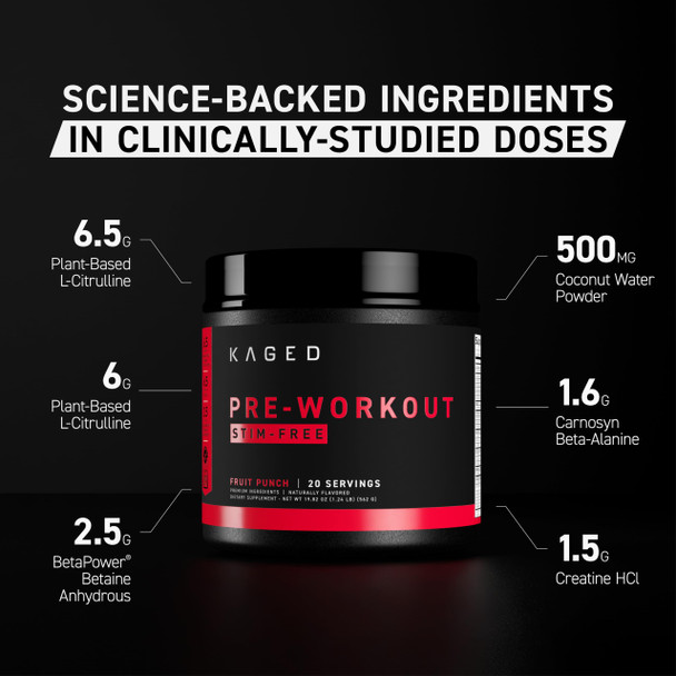 Kaged Muscle  Stimulant Free Pre Workout Powder Fruit Punch Pre-Kaged Formulated with Creatine Beta Alanine No Jitters 20 Servings