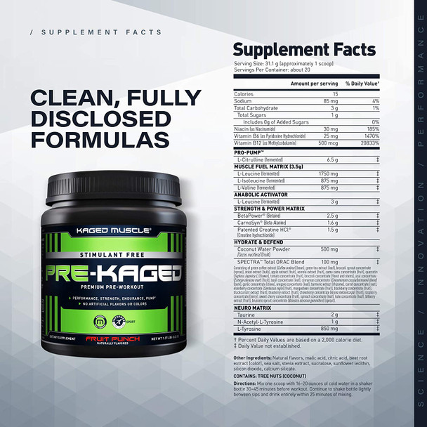 Kaged Muscle Stimulant Free Pre Workout Powder Preworkout for Men & Pre Workout Women, Delivers Increased Strength, Endurance & Pumps; One of The Highest Rated Pre-Workout Supplements, Fruit Punch