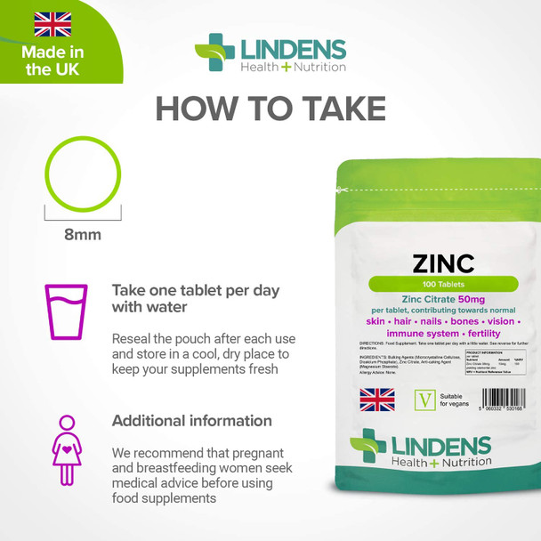 Lindens Zinc Citrate 50mg - 100 Vegan Tablets - Immune Function, Fertility, Healthy Bones, Vision, Hair, Nails and Skin - Made in The UK | (3+ Months Supply) | Letterbox Friendly