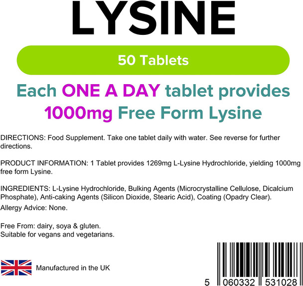 Lindens Lysine 1000mg Tablets - 50 Pack - Each Tablet Yields 1000mg Free-Form Lysine in A Convenient One-a-Day Tablet - UK Manufacturer, Letterbox Friendly