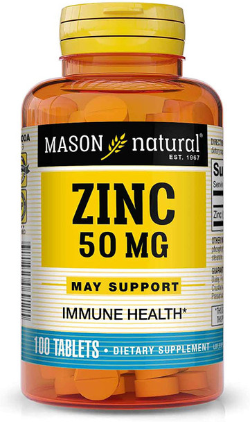 Mason Natural Zinc 50 Mg - Improved Immune System Function, Supports Antioxidant Health, Aids Absorption Of B Vitamins, 100 Tablets