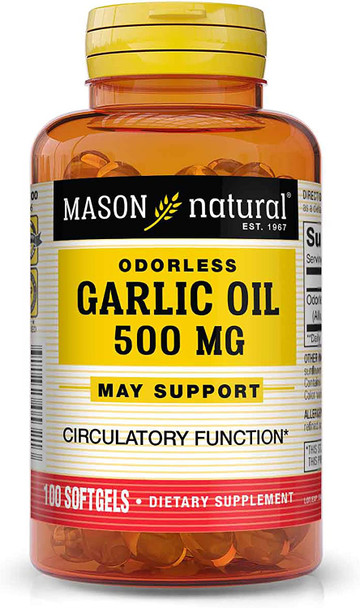 Mason Natural Garlic Oil 500 mg Odorless Allium Sativum Supplement - Supports Healthy Circulatory Function, 100 Softgels