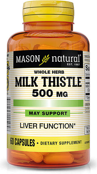 Mason Natural Milk Thistle 500 mg - Support Healthy Liver Function, Cleanse and Detox, Herbal Dietary Supplement, 60 Capsules