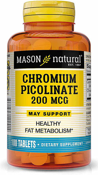 Mason Natural Chromium Picolinate 200 mcg with Calcium - Healthy Fat Metabolism, Blood Sugar Support, 100 Tablets