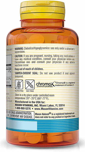 Mason Natural Chromium Picolinate 200 mcg with Calcium - Healthy Fat Metabolism, Blood Sugar Support, 100 Tablets