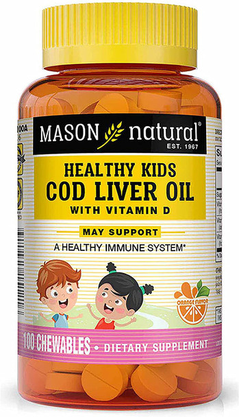 Mason Natural Healthy Kids Cod Liver Oil with Vitamin A, C and D - Improved Immunity, Healthy Heart and Brain Function, Supports Overall Health, Orange Flavor, 100 Chewables