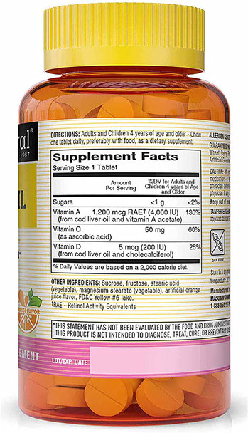 Mason Natural Healthy Kids Cod Liver Oil with Vitamin A, C and D - Improved Immunity, Healthy Heart and Brain Function, Supports Overall Health, Orange Flavor, 100 Chewables