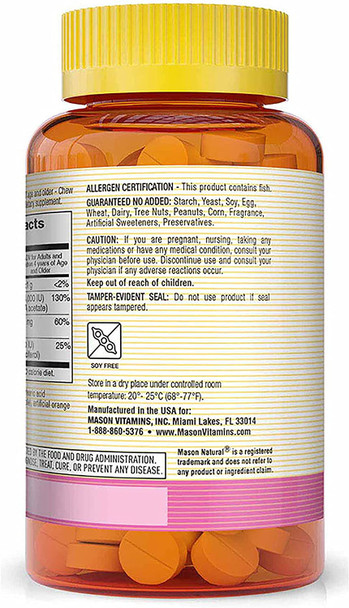 Mason Natural Healthy Kids Cod Liver Oil with Vitamin A, C and D - Improved Immunity, Healthy Heart and Brain Function, Supports Overall Health, Orange Flavor, 100 Chewables