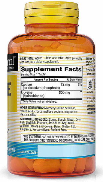 Mason Natural L-Lysine 500 mg with Calcium - Improved Immune Function, Enhanced Nutrient Absorption, Essential Amino Acid, 100 Tablets