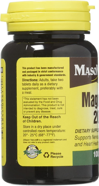 Mason Vitamins Magnesium 200 mg Tablets,100 Count
