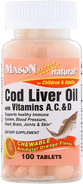 Mason Natural Chewable Cod Liver Oil with Vitamins A, C, D, Orange Flavor, 100 Tablets