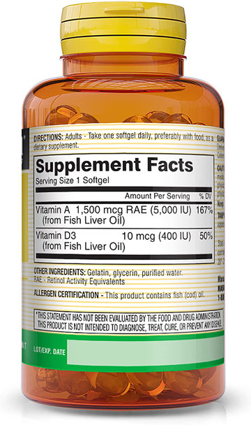 Mason Natural Vitamins A & D3 from Fish Liver Oil - Healthy Vision and Immune Health, Improved Muscle and Nerve Function, 100 Softgels (Pack of 3)