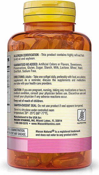 Mason Natural Norwegian Cod Liver Oil 1000 mg Plus Omega-3 with Vitamins A and D3 - Healthy Heart and Brain Function, Improved Immunity, Supports Overall Health, 100 Softgels