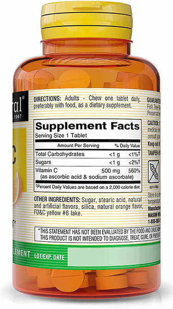 Mason Natural Vitamin C 500 Mg (As Ascorbic Acid) - Supports Healthy Immune System, Antioxidant And Essential Nutrient, Orange Flavor, 100 Chewables