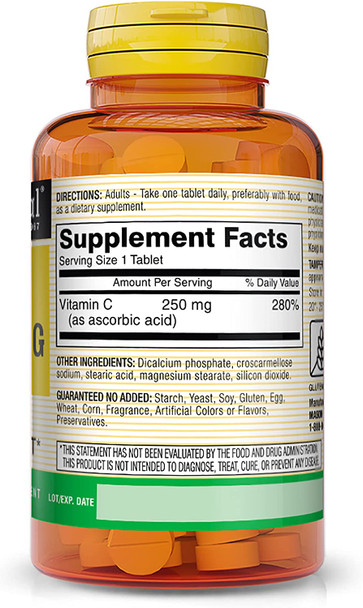 Mason Natural Vitamin C 250 mg (as Ascorbic Acid) - Supports Healthy Immune System, Antioxidant and Essential Nutrient, 100 Tablets (Pack of 3)