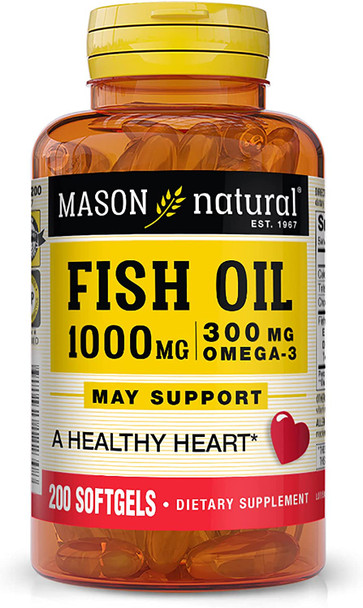 Mason Natural Fish Oil 1,000 mg with 300 mg Omega-3, Healthy Heart, Supports Circulatory Function, Improved Cardiovascular Health, 200 Softgels