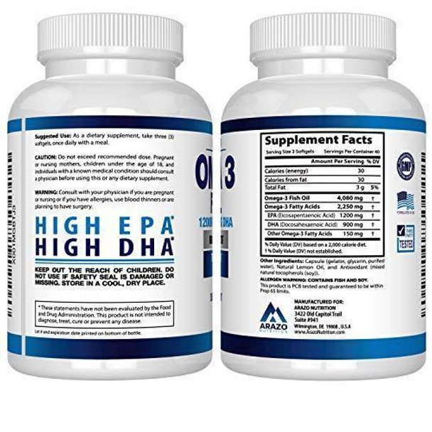 Omega 3 Fish Oil 4,080Mg - High Epa 1200Mg + Dha 900Mg - Arazo Nutrition 120 Count