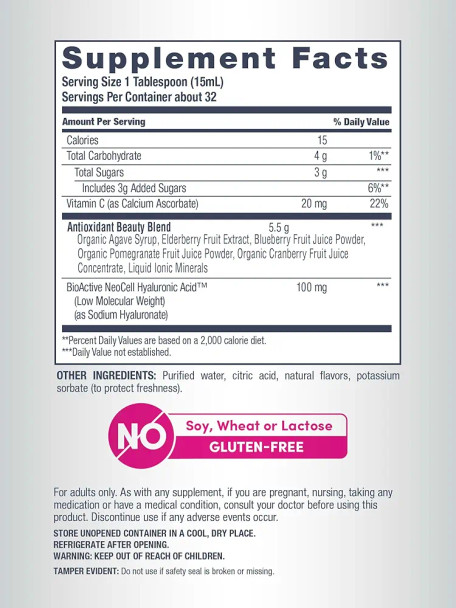 NeoCell Liquid Hyaluronic Acid | 16 fl oz | with Vitamin C | Skin Hydration | Antioxidant Supplement | Blueberry Flavor