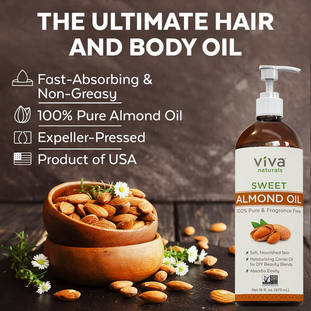 Sweet Almond Oil - 100% Pure Hair and Skin Softener, Non-Greasy Massage Oil, Carrier Oil for Essential Oils and DIY Beauty Blends, Expeller-Pressed Almond Oil for Hair and Body, Non-GMO, 16 fl oz