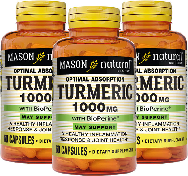 Mason Natural Optimal Absorption Turmeric with Bioperine® - Healthy Inflammatory Response, Improved Joint and Muscle Health, 60 Capsules (Pack of 3)