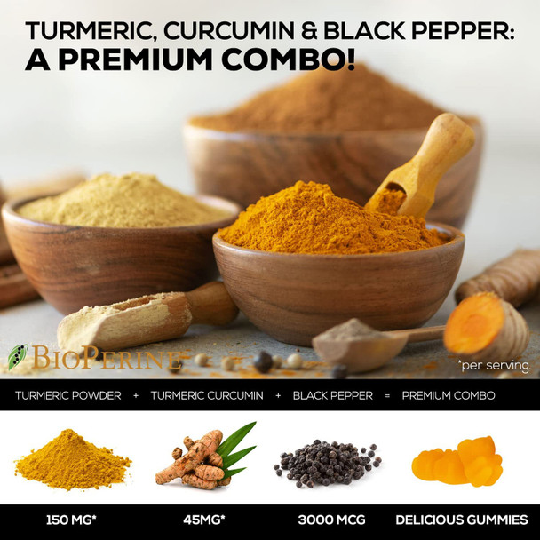 Turmeric Gummies with Black Pepper for Best Absorption, Turmeric Curcumin Supplement Chewable - Joint & Heart Support, Natural Immune Support, Natural Cinnamon Taste, Vegan Vitamins - 60 Gummies