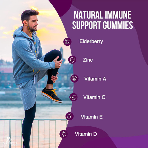 Immune Support Gummies with Sambucus Black Elderberry Extract, Vitamin C & Zinc, Natural Vegan Immune System Support Supplement for Children, Tasty Fruit Flavor - 60 Gummies