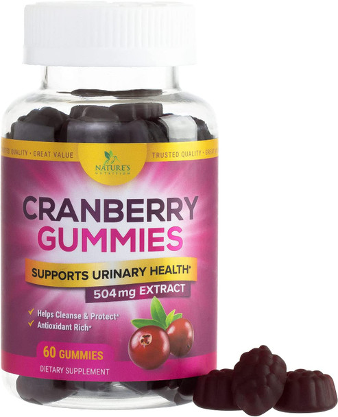 Nature's Nutrition Cranberry Gummies 5X Extract, Urinary Tract Health Support - Vitamin C for Immune Support, Non-GMO, Gluten Free Cranberry Concentrate Supplement Pills for Men & Women - 60 Gummies
