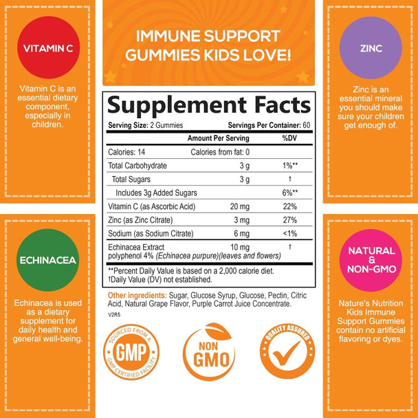 Kids Immune Support Gummies with Vitamin C, Echinacea and Zinc - Children's Immune Support & Vitamin C Gummy, Tasty Natural Fruit Flavor, Vegan, Non-GMO, Nature's Immune Supplement - 120 Gummy Bears