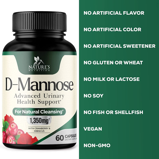 D-Mannose 1350 mg with Cranberry Extract Fast-Acting, Flush Impurities, Natural Urinary Tract Health Support, Non-GMO & Vegan DMannose - 60 Veggie Capsules