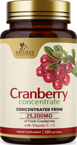 Cranberry Concentrate Extract 25,000mg + Vitamin E & C, Triple Strength Capsules, Supports Urinary Health & Immune System Cranberry Pills for Women & Men, Nature's Non-GMO Supplement - 120 Softgels