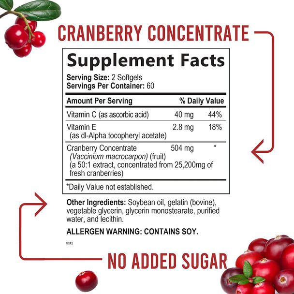 Cranberry Concentrate Extract 25,000mg + Vitamin E & C, Triple Strength Capsules, Supports Urinary Health & Immune System Cranberry Pills for Women & Men, Nature's Non-GMO Supplement - 120 Softgels
