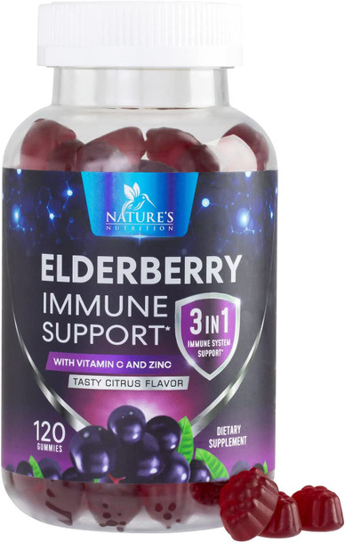 Sambucus Elderberry Gummies with Vitamin C and Zinc for Adults & Kids - Nature's Immune Support Supplement Vitamins, Vegan, Gluten Free, Non-GMO, Berry Flavored Gummy - 120 Gummies