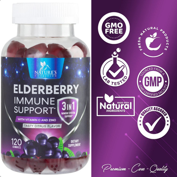 Sambucus Elderberry Gummies with Vitamin C and Zinc for Adults & Kids - Nature's Immune Support Supplement Vitamins, Vegan, Gluten Free, Non-GMO, Berry Flavored Gummy - 120 Gummies