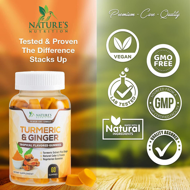 Turmeric Ginger Gummies for Best Absorption, Joint Support, Natural Immune Support, Nature's Turmeric Supplement, Vegan Friendly Vitamins for Men and Women - 60 Gummies