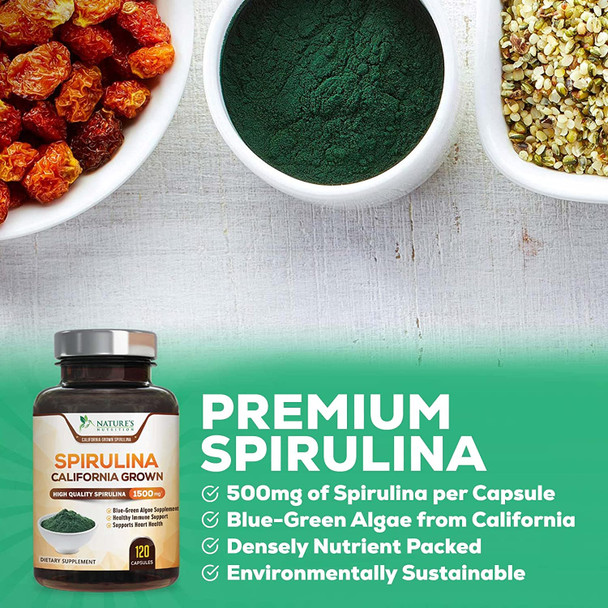 Spirulina Capsules 1500mg - Premuim, Natural Spirulina from Blue Green Micro-Algae Powder with Natural Antioxidants, Protein, Fatty Acids, Fiber, & Vitamins - Non-GMO & Vegan - 120 Capsules